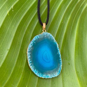 Blue raw durzy agate Pendant Gold electroplated Statement pendant Boho gemstone.